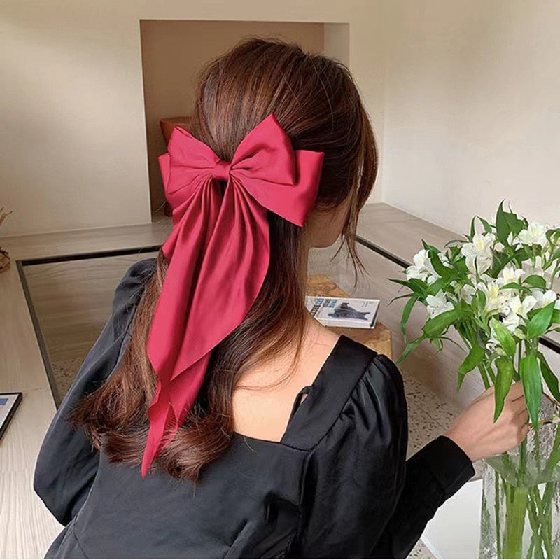 Women Large Bow Hairpin Summer Chiffon Big Bowknot Stain Bow Barrettes Women Solid Color Ponytail Clip Hair Accessories