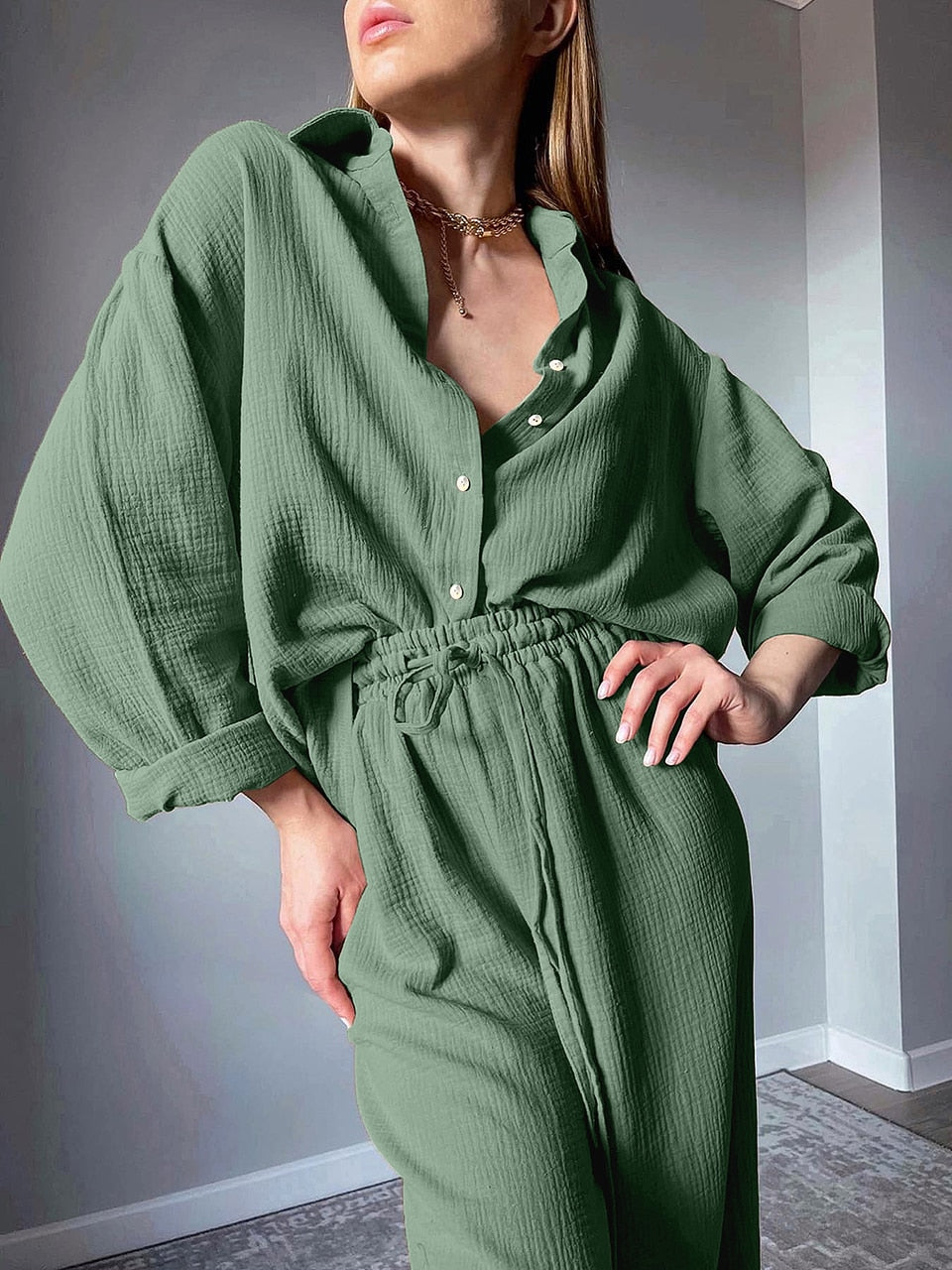 Cotton Women's Home Clothes Brown Long Sleeve 2 Piece Sets Sleepwear Loose Trouser Suits Casual Female Pajamas Autumn 2023