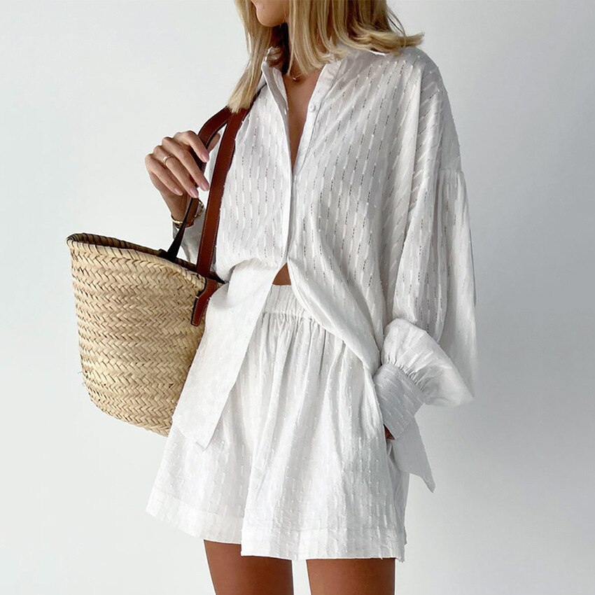 Women's Pajama Set Long Sleeve Ladies Summer Sleepwear 2 Pcs With Shorts Solid Pajama Suit for Female.