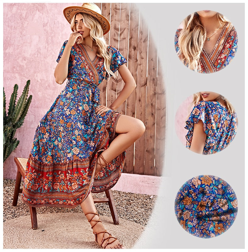 Summer Beach Floral Print Dress for Women Bohemian Elegant Ladies V-neck Short Sleeve Female Boho Hippie Maxi Dresses