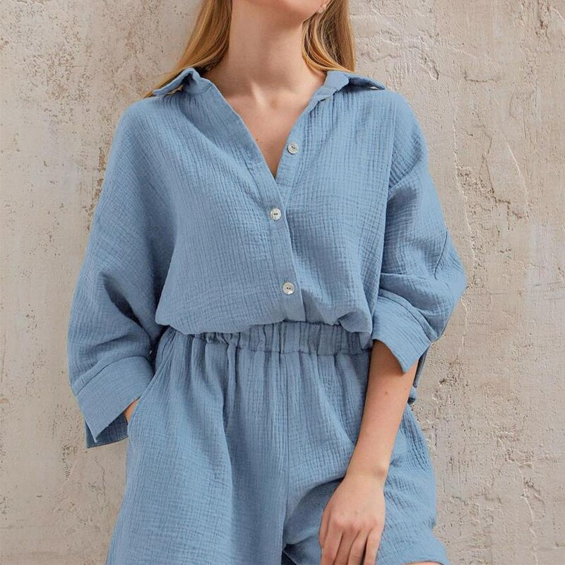 Summer Suit Long Sleeve Women Blouse and Shorts Sets Crepe Pure Cotton Shirts for Women Outfits Thin Casual Two Piece Set
