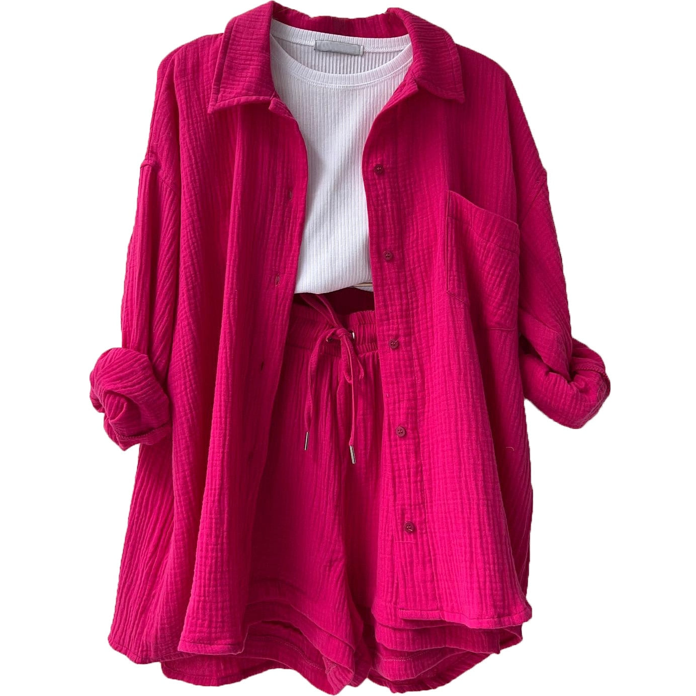 Solid Pleated Two Piece Set Pajamas for Women Summer Two Piece Suit Sleepwear Long Sleeve Short Sets Fashion Button Outfits