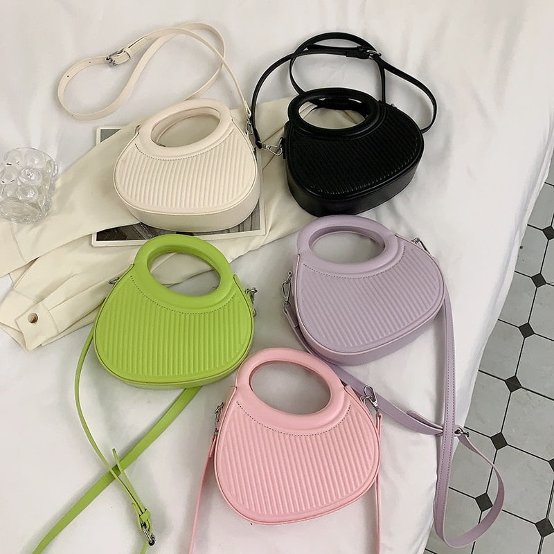 Half Moon Small Shoulder Bag For Women 2023 Spring New Green Purple Handbags Pleated Design Pu Leather Crossbody Round Hand Bag