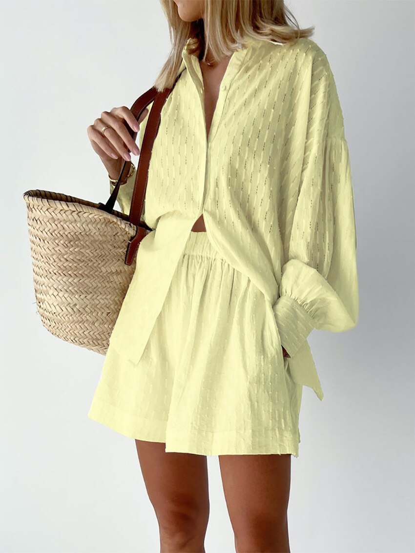 Women's Pajama Set Long Sleeve Ladies Summer Sleepwear 2 Pcs With Shorts Solid Pajama Suit for Female.