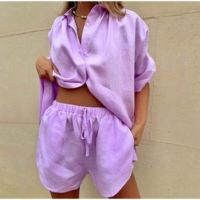 Two Piece Set Tracksuit Shorts Set Long Sleeve Shirt Tops And Mini Shorts Suit Lounge Wear Summer