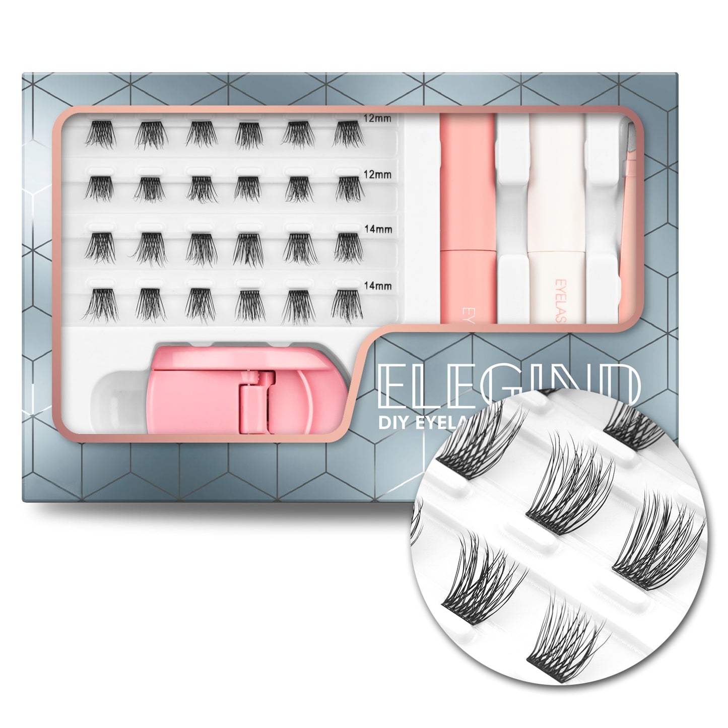 Eyelash Extension Kit With 3D Volume 12/14mm Lash Clusters Individual Lashes with glue ,Eyelash curler, tweezer in the pack