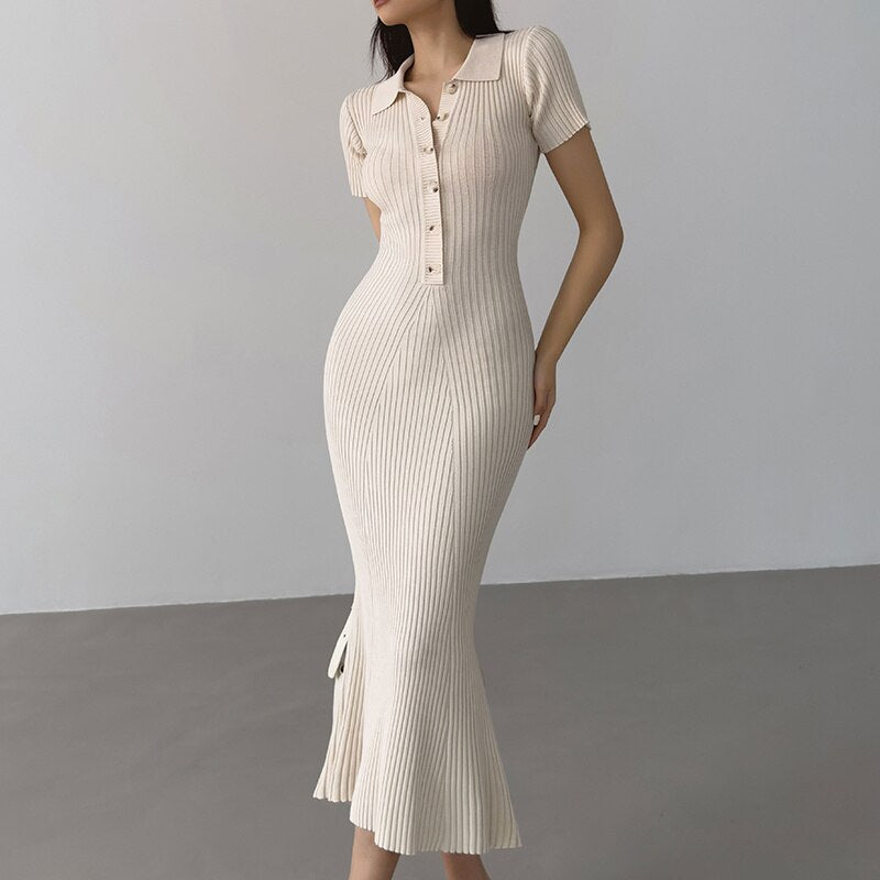 Summer Fishtail dress sweater Slim Casual Long Knitted Dress Polo Neck Short Sleeve