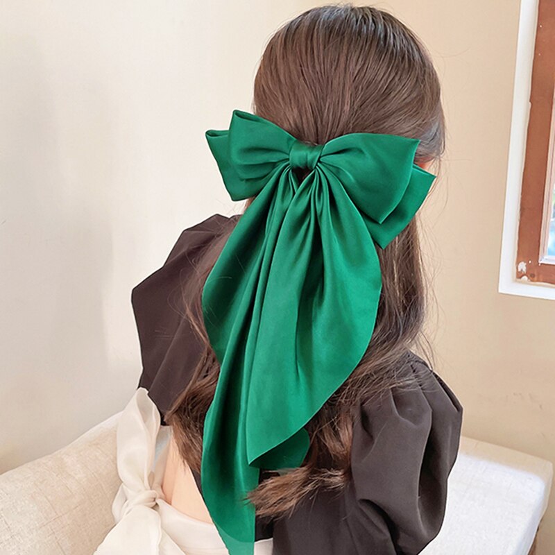 Solid Soft Large Satin Bow Hair pins Wedding Long Ribbon Hair Bow Woman Barrettes for Hair Spring Clip Big Hair Accessories