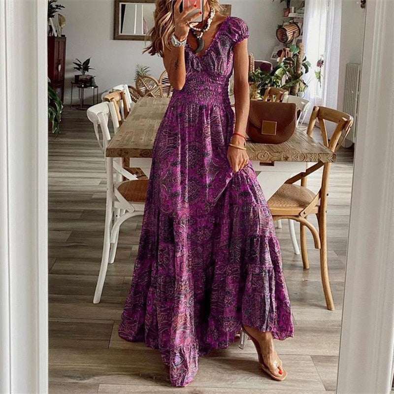 Women Vintage Print Maxi Dresses Summer Casual V Neck Short Sleeve Elastic Waist Dress Female Boho Beach Big Swing Long Dresses.