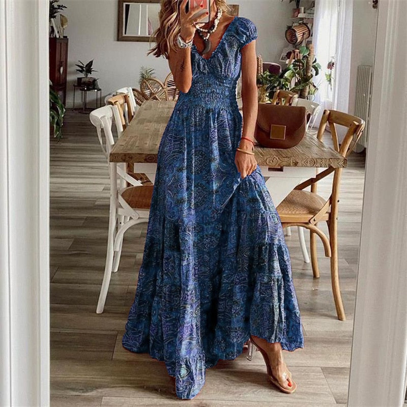 Women Vintage Print Maxi Dresses Summer Casual V Neck Short Sleeve Elastic Waist Dress Female Boho Beach Big Swing Long Dresses.