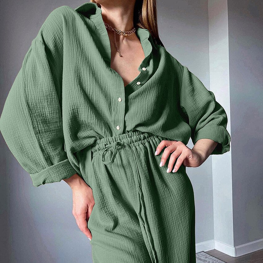 Women's Home Clothes Cotton Brown Long Sleeve 2 Piece Sets Sleepwear Loose Trouser Suits Casual Female Pajamas Autumn Product.