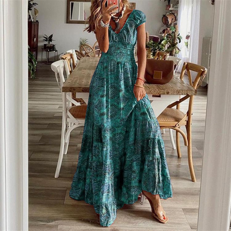 Women Vintage Print Maxi Dresses Summer Casual V Neck Short Sleeve Elastic Waist Dress Female Boho Beach Big Swing Long Dresses.