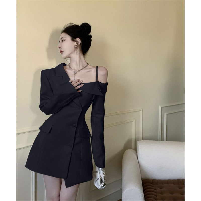 Chic Fashion Women Elegant Off Shoulder Dresses Spring 2023 Irregular Slim Button Up Blazer