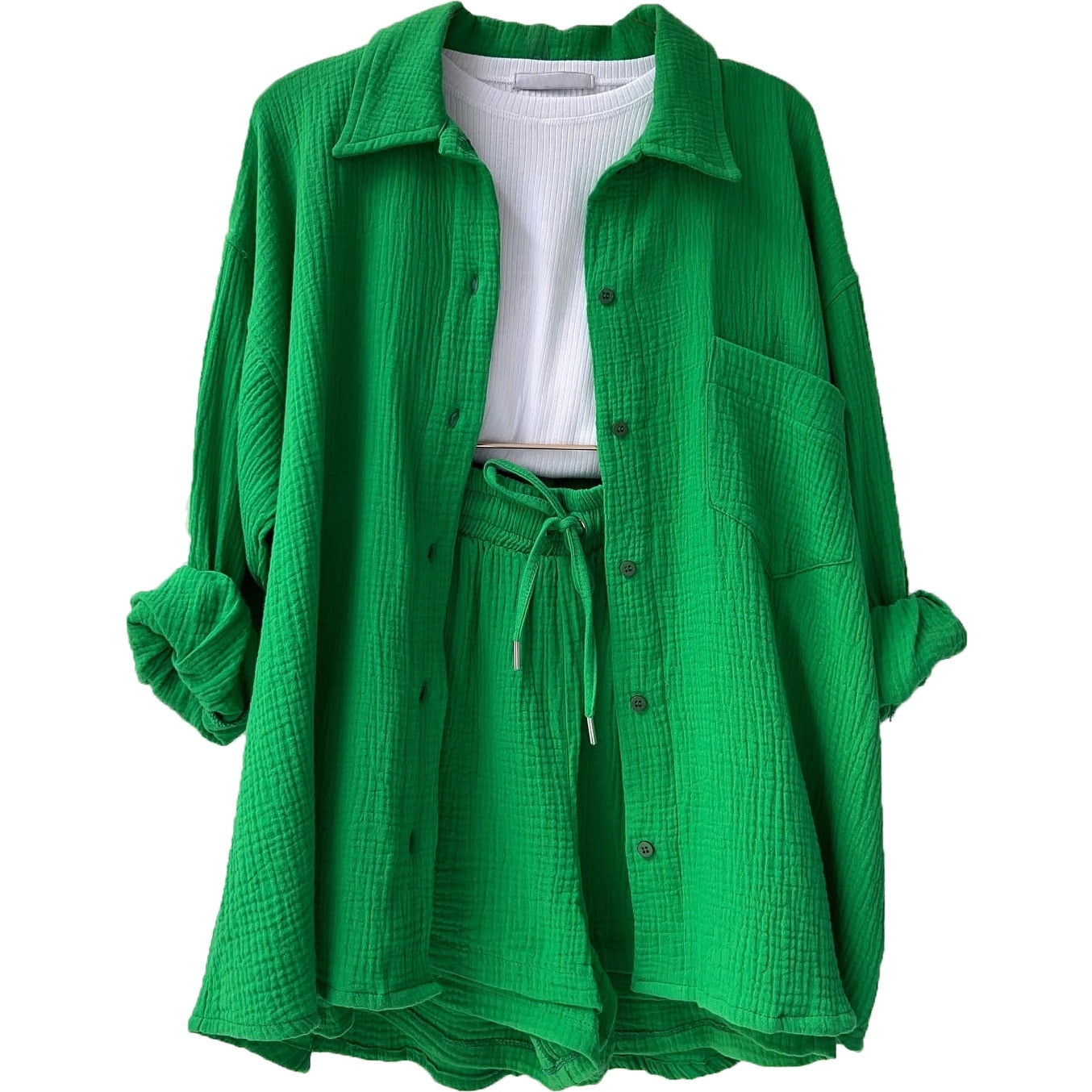 Solid Pleated Two Piece Set Pajamas for Women Summer Two Piece Suit Sleepwear Long Sleeve Short Sets Fashion Button Outfits