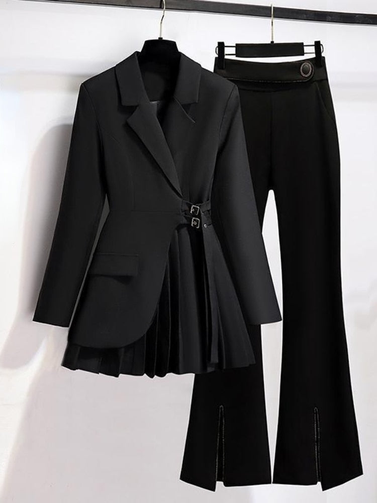 Women Suits Office Sets New Spring Long Sleeve Fold Pocket Blazer Women Solid Color Bell Bottoms Fashion Elegance Office Lady