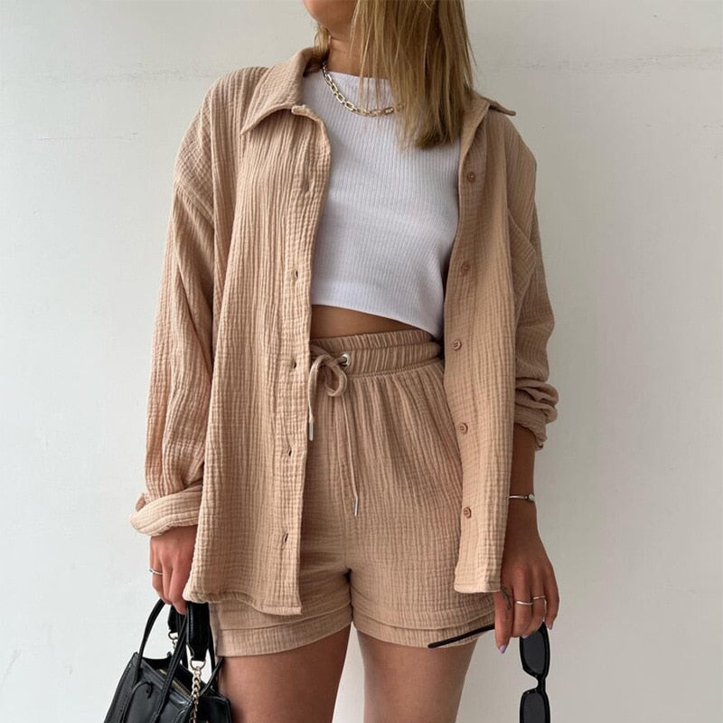 Solid Pleated Two Piece Set Pajamas for Women Summer Two Piece Suit Sleepwear Long Sleeve Short Sets Fashion Button Outfits