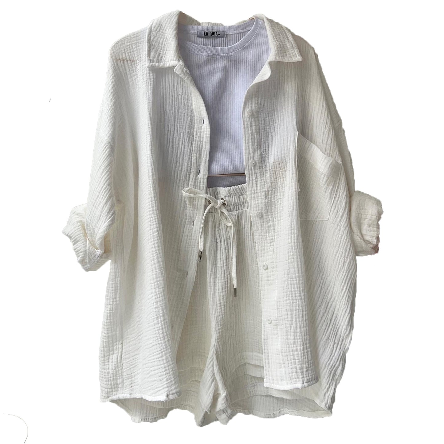 Solid Pleated Two Piece Set Pajamas for Women Summer Two Piece Suit Sleepwear Long Sleeve Short Sets Fashion Button Outfits