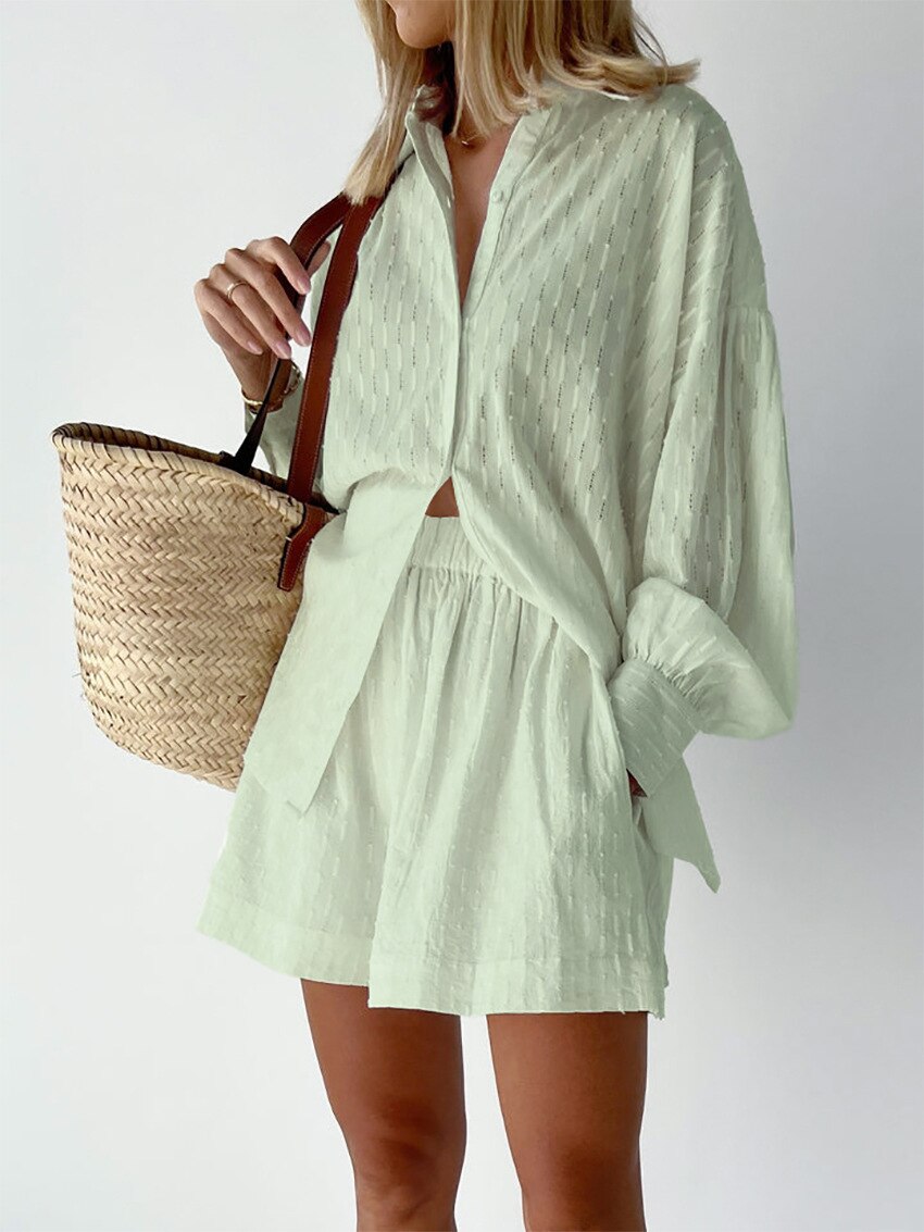 Women's Pajama Set Long Sleeve Ladies Summer Sleepwear 2 Pcs With Shorts Solid Pajama Suit for Female.