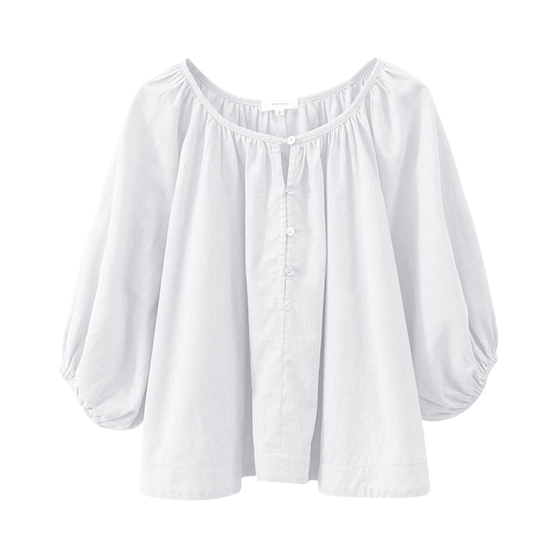 Retro Lantern Sleeve Women's T-Shirt Cotton And Linen Half Sleeve Tops