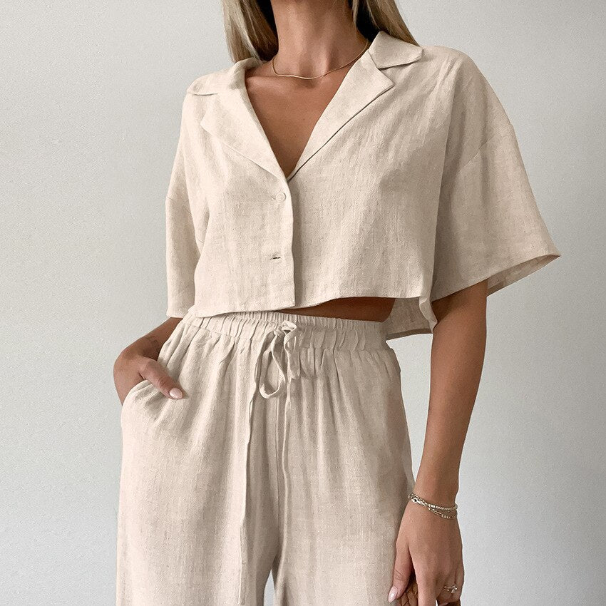 Cotton And Linen Summer Pajamas Two Pieces Set Solid for cool comfortable wear