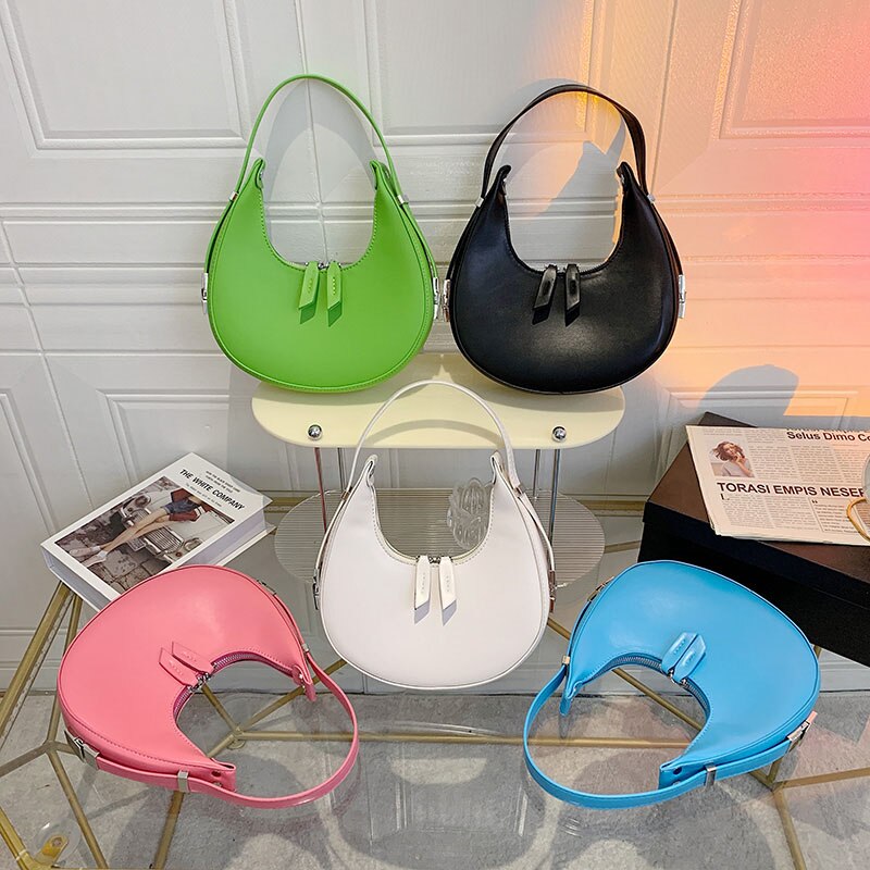 Half-Moon Green PU Leather Crossbody Bags for Women 2023 Luxury Designer Handbag and Purses Small Shoulder Bag Lady Travel Totes