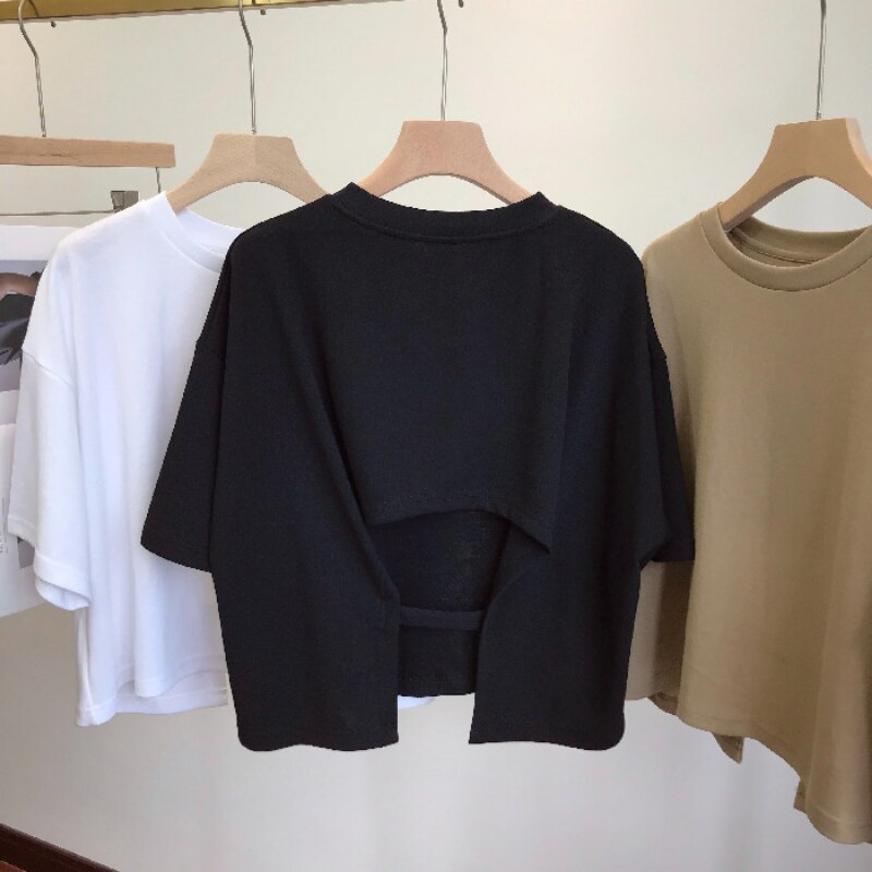 Open Back Short T-shirt Women Sweet Korean Style tshirt 2023 Summer New Round Neck Loose Short Sleeve Tee Tops
