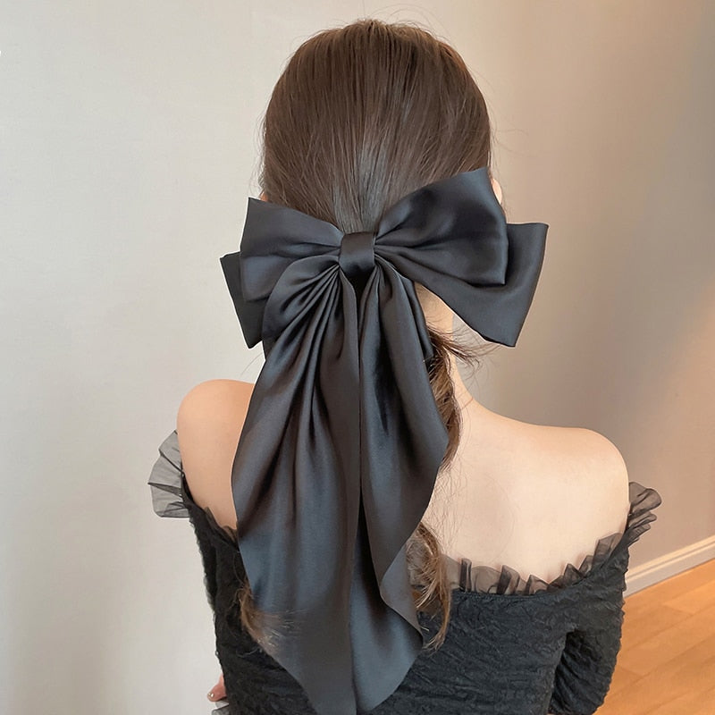 Solid Soft Large Satin Bow Hair pins Wedding Long Ribbon Hair Bow Woman Barrettes for Hair Spring Clip Big Hair Accessories