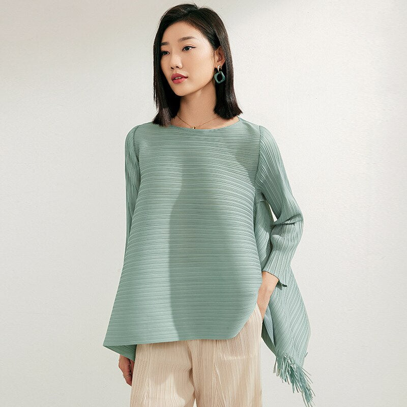 Pleated A-line Loose Thin Top Women's Design Small Fringe T-Shirt Long Sleeve Medium Length