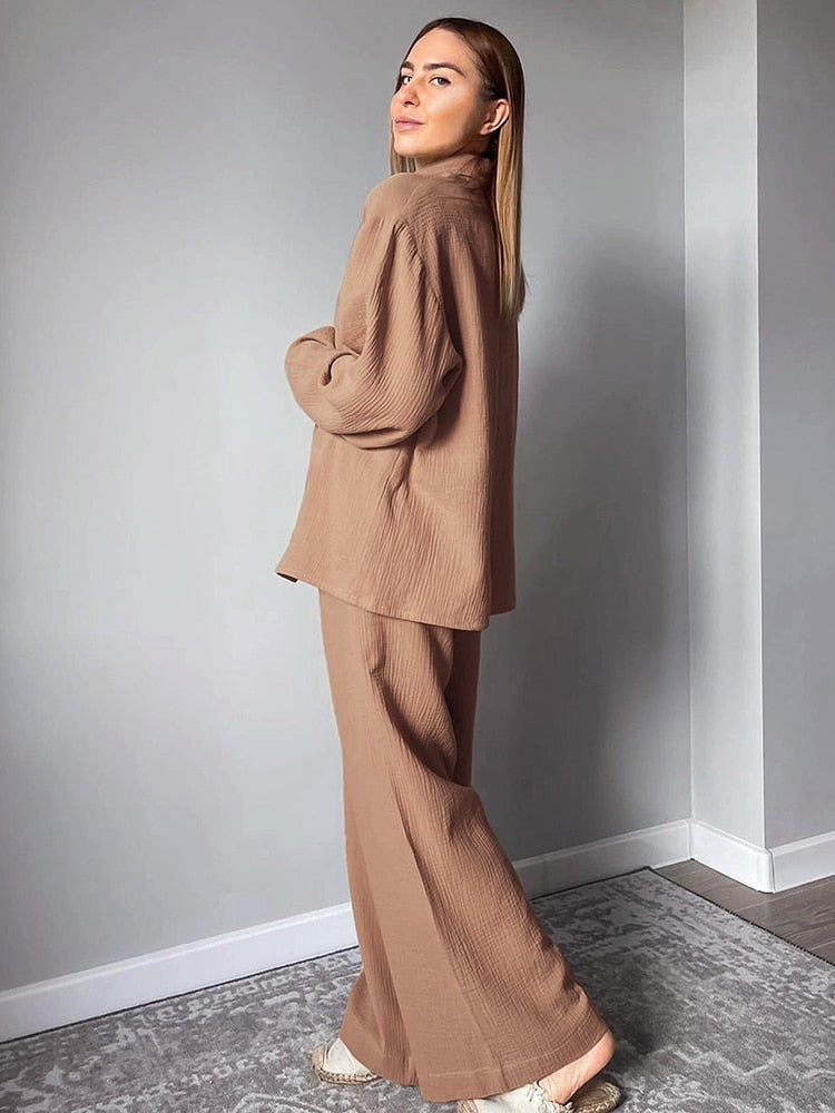 Cotton Women's Home Clothes Brown Long Sleeve 2 Piece Sets Sleepwear Loose Trouser Suits Casual Female Pajamas Autumn 2023