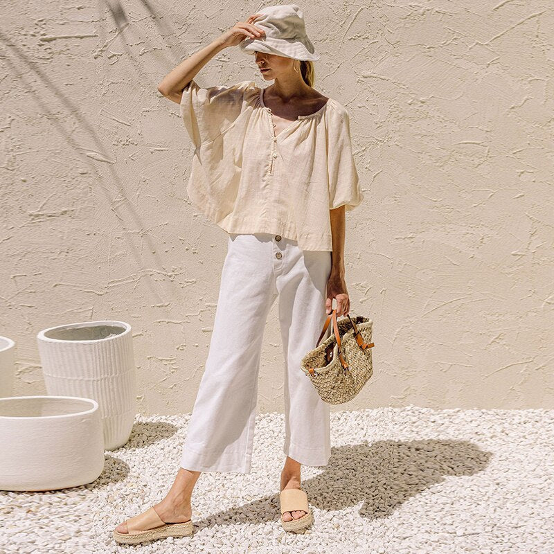 Retro Lantern Sleeve Women's T-Shirt Cotton And Linen Half Sleeve Tops