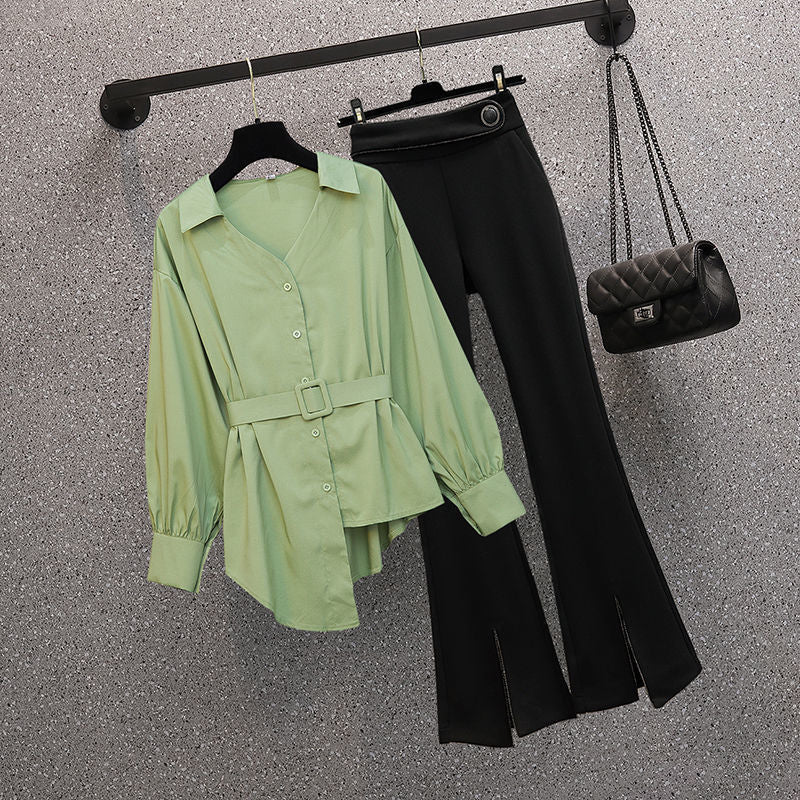 New Summer Elegant Women's Pants Set Personalized Chiffon Shirt Top Black Trousers Two Piece Set Female Tracksuit.