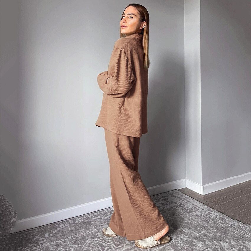 Women's Home Clothes Cotton Brown Long Sleeve 2 Piece Sets Sleepwear Loose Trouser Suits Casual Female Pajamas Autumn Product.
