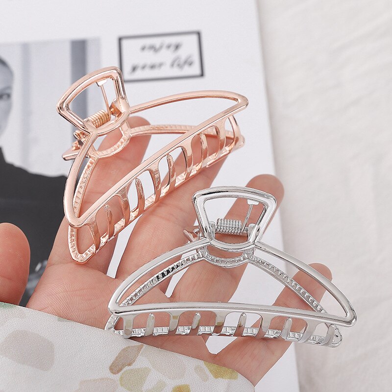 Women Girls Geometric Hair Claw Clamps Metal Hair Crab Moon Shape Hair Claw Clip Solid Color Hairpin Large Size Hair Accessories
