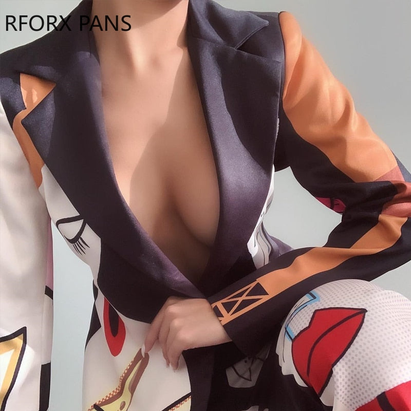 Women Elegant Turn Down Color cord set with Abstract Pattern Long Sleeves Blazer Jacket