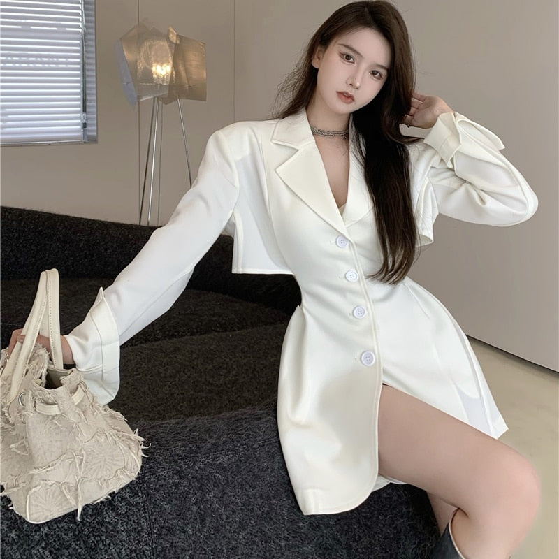 Fashion Suit Dress Women New Autumn V-neck Mini Black Long Sleeve Dresses Office use