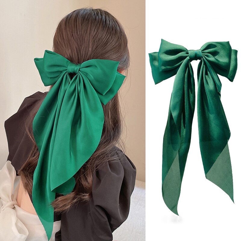 Solid Soft Large Satin Bow Hair pins Wedding Long Ribbon Hair Bow Woman Barrettes for Hair Spring Clip Big Hair Accessories