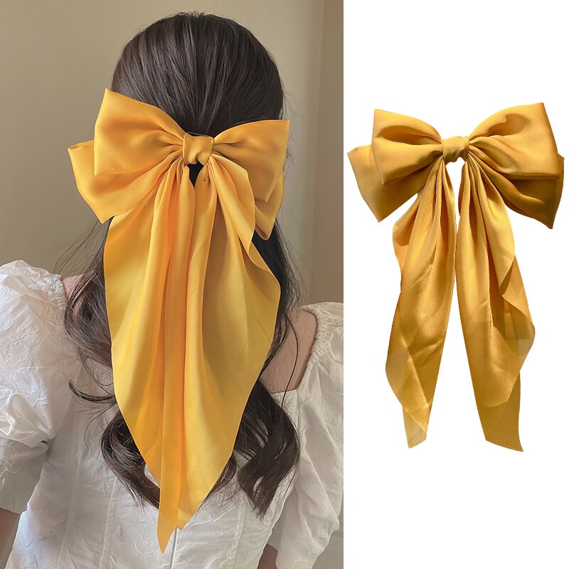 Solid Soft Large Satin Bow Hair pins Wedding Long Ribbon Hair Bow Woman Barrettes for Hair Spring Clip Big Hair Accessories