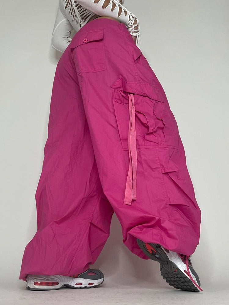Oversized Cargo Pants 2023 Summer New Sweatpant Ribbon Low Rise Chic Pink Capris Casual Streetwear Womens Pants