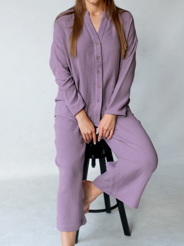 Cotton Women's Home Clothes Long Sleeve V Neck 2 Piece Sets Pajamas Loose Trouser Suits Winter Casual Female Sleepwear