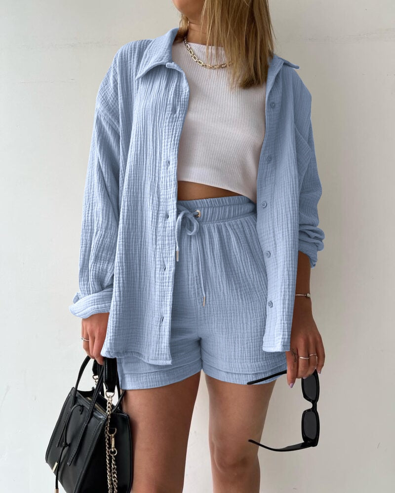 Solid Pleated Two Piece Set Pajamas for Women Summer Two Piece Suit Sleepwear Long Sleeve Short Sets Fashion Button Outfits