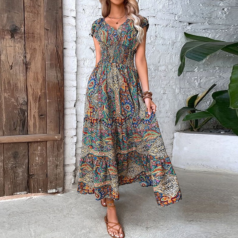 Women Vintage Print Maxi Dresses Summer Casual V Neck Short Sleeve Elastic Waist Dress Female Boho Beach Big Swing Long Dresses.