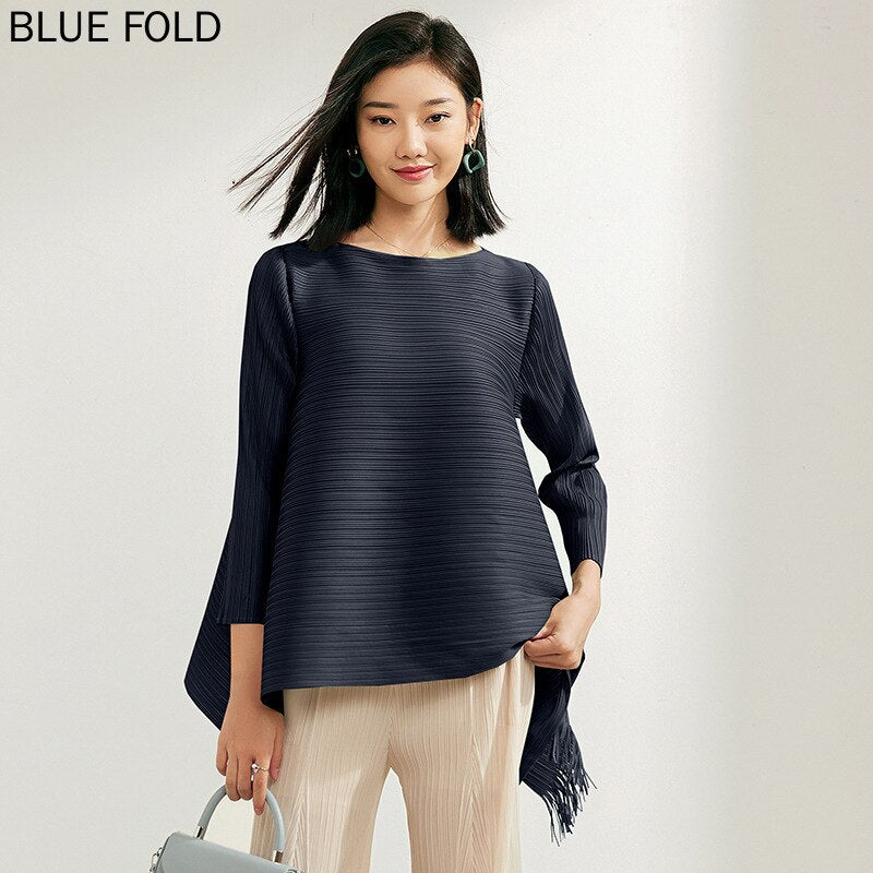 Pleated A-line Loose Thin Top Women's Design Small Fringe T-Shirt Long Sleeve Medium Length