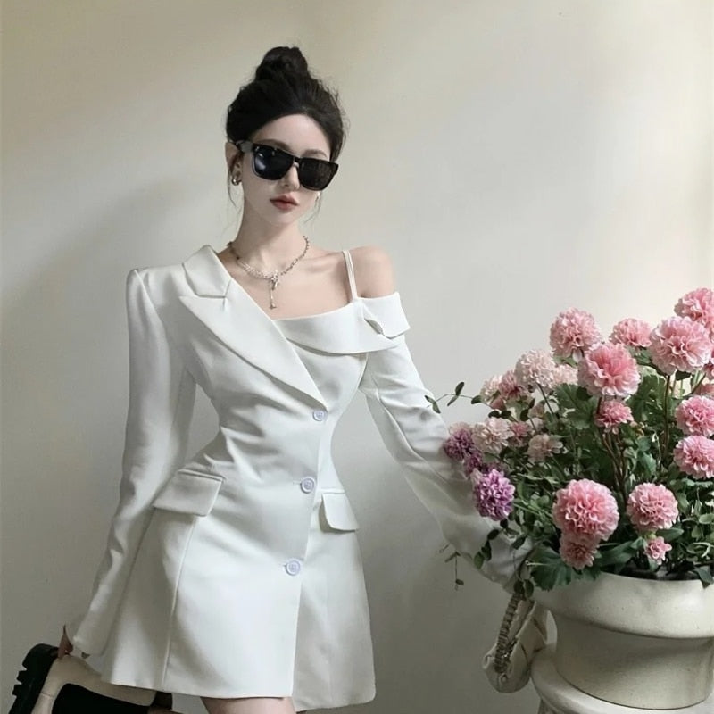 Chic Fashion Women Elegant Off Shoulder Dresses Spring 2023 Irregular Slim Button Up Blazer