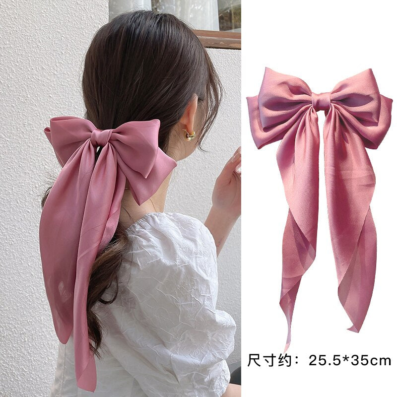 Solid Soft Large Satin Bow Hair pins Wedding Long Ribbon Hair Bow Woman Barrettes for Hair Spring Clip Big Hair Accessories