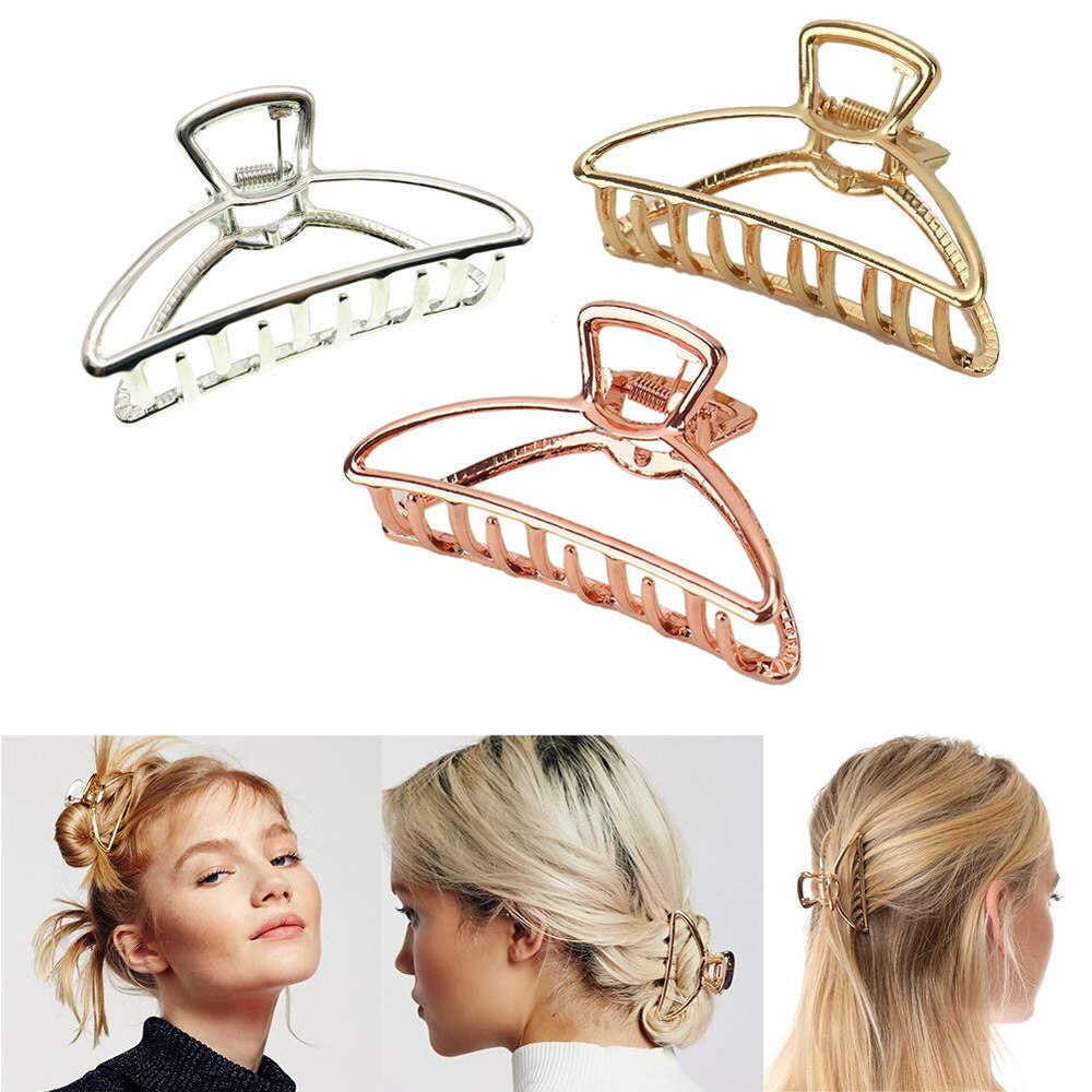 Women Girls Geometric Hair Claw Clamps Metal Hair Crab Moon Shape Hair Claw Clip Solid Color Hairpin Large Size Hair Accessories