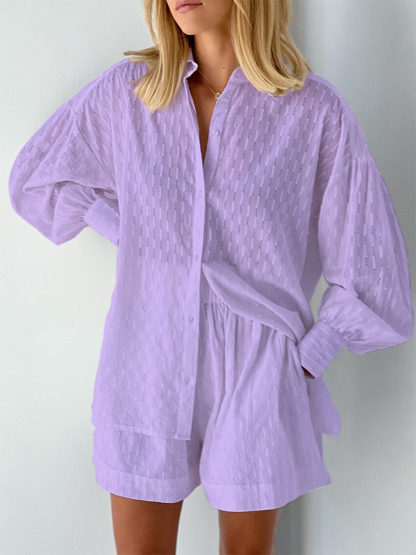 Women's Pajama Set Long Sleeve Ladies Summer Sleepwear 2 Pcs With Shorts Solid Pajama Suit for Female.