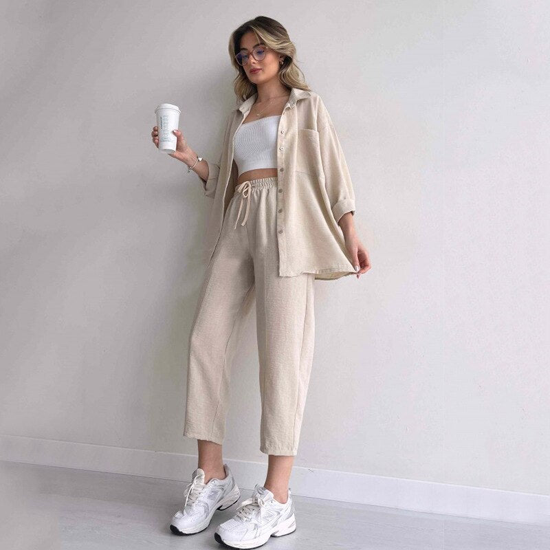 Large Size Women's 2023 Autumn New Casual Loose Shirt Jacket Nine-point Sports Haram Pants
