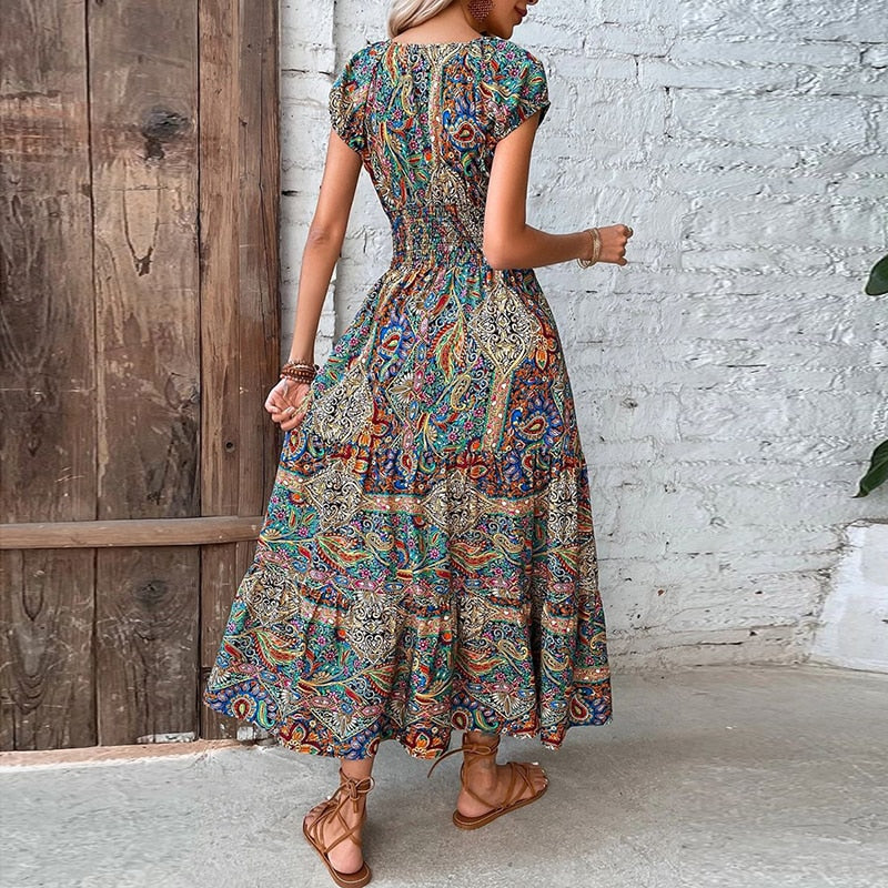 Women Vintage Print Maxi Dresses Summer Casual V Neck Short Sleeve Elastic Waist Dress Female Boho Beach Big Swing Long Dresses.