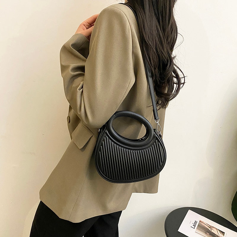 Half Moon Small Shoulder Bag For Women 2023 Spring New Green Purple Handbags Pleated Design Pu Leather Crossbody Round Hand Bag