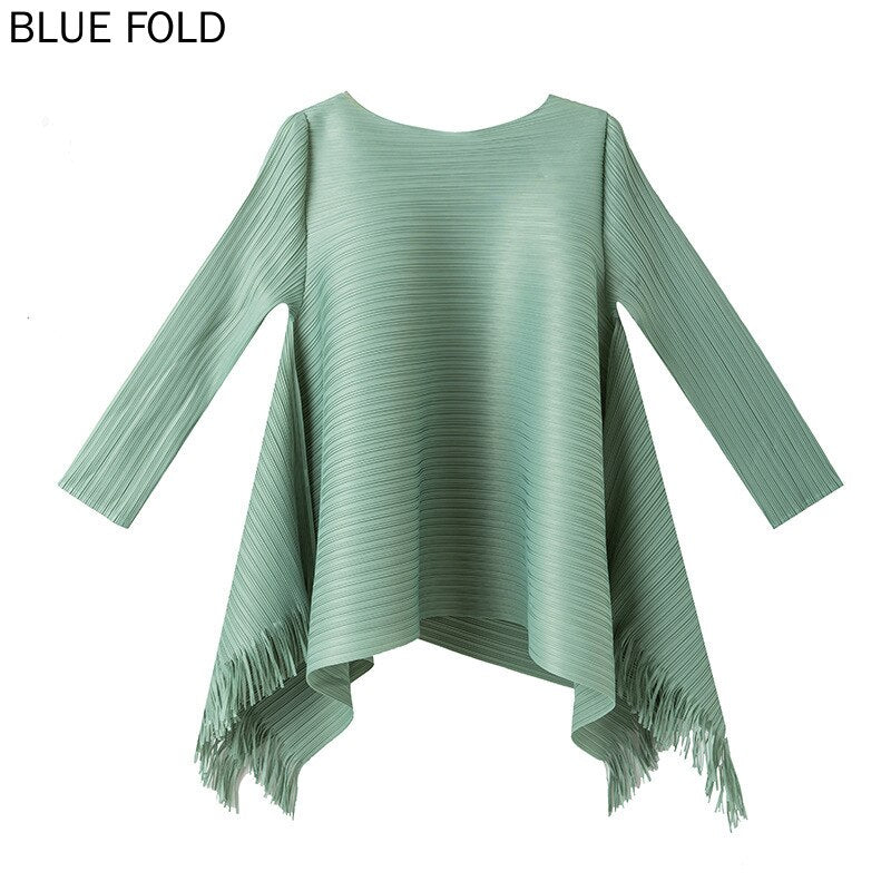 Pleated A-line Loose Thin Top Women's Design Small Fringe T-Shirt Long Sleeve Medium Length